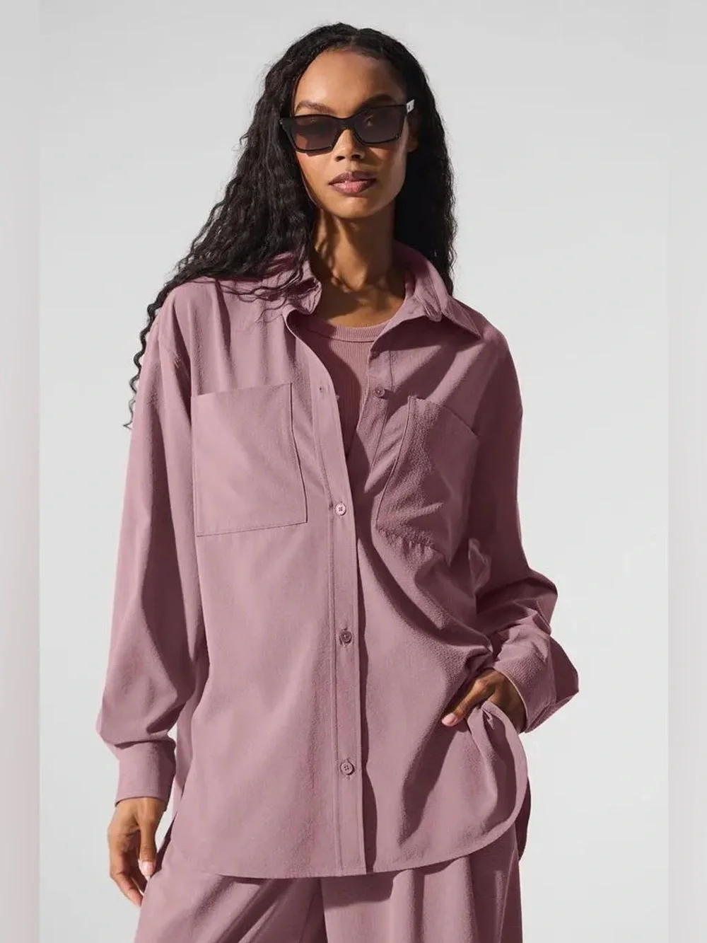 ALO Yoga Dreamscape Button Down Long Sleeve in Smoky Quartz - XS